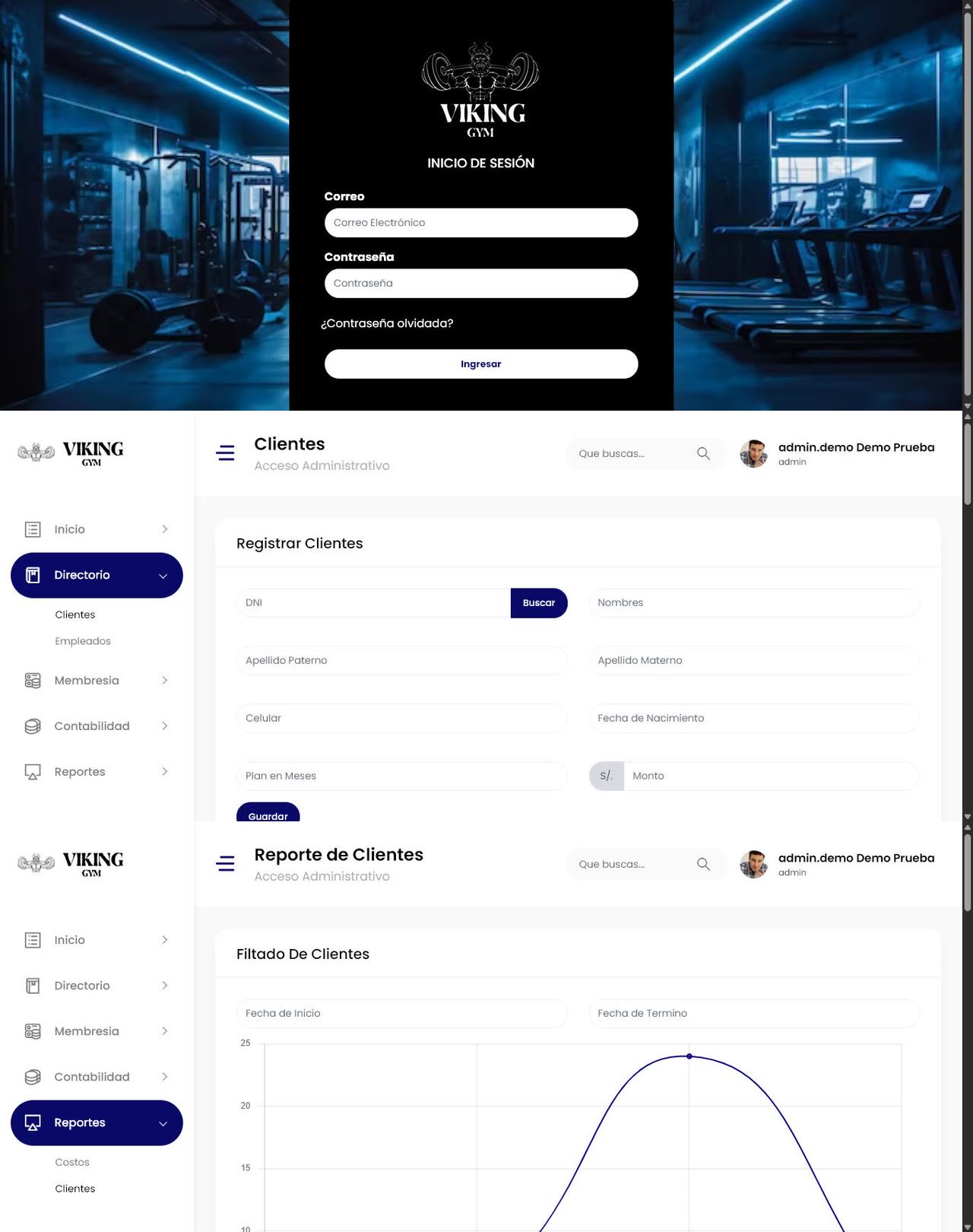 Sistema de gestion Viking Gym: acceso, registro de clientes y reportes
